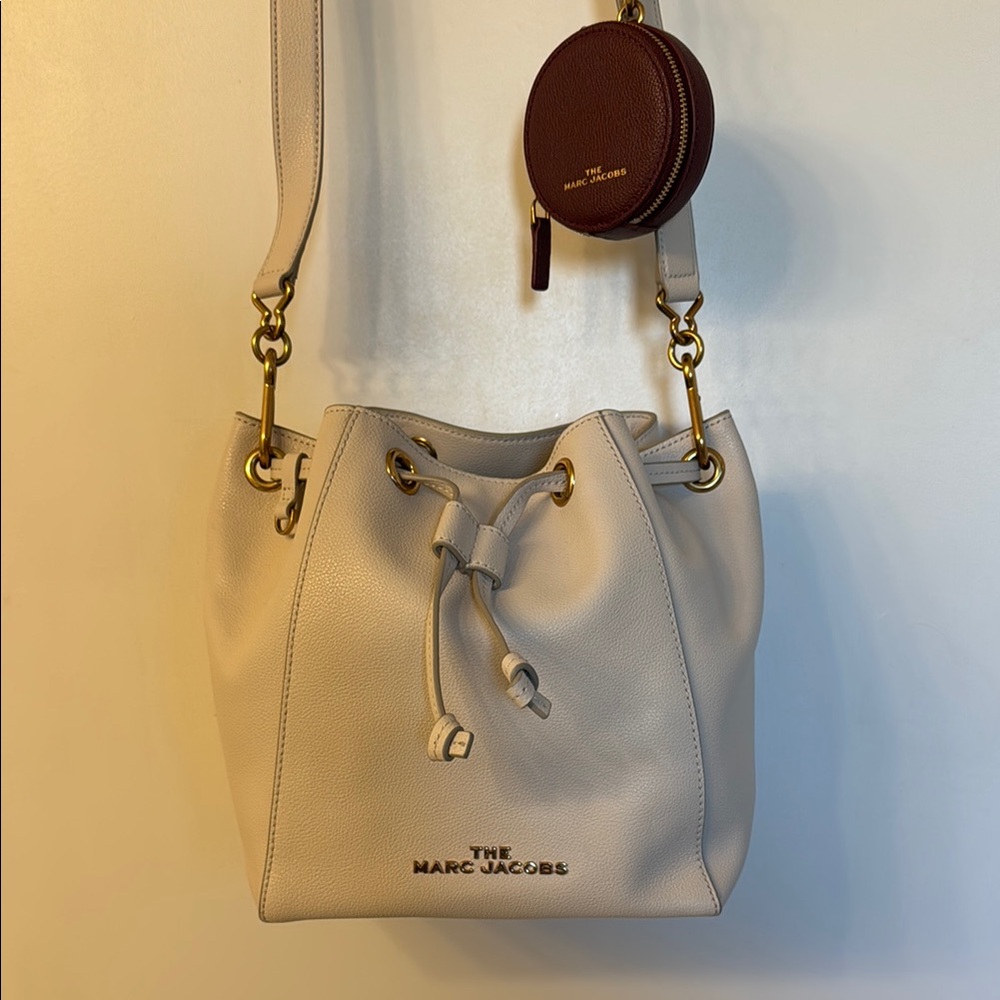 Marc Jacobs Cream Bucket Bag with Gold Hardware and Ruby Red Side Pouch